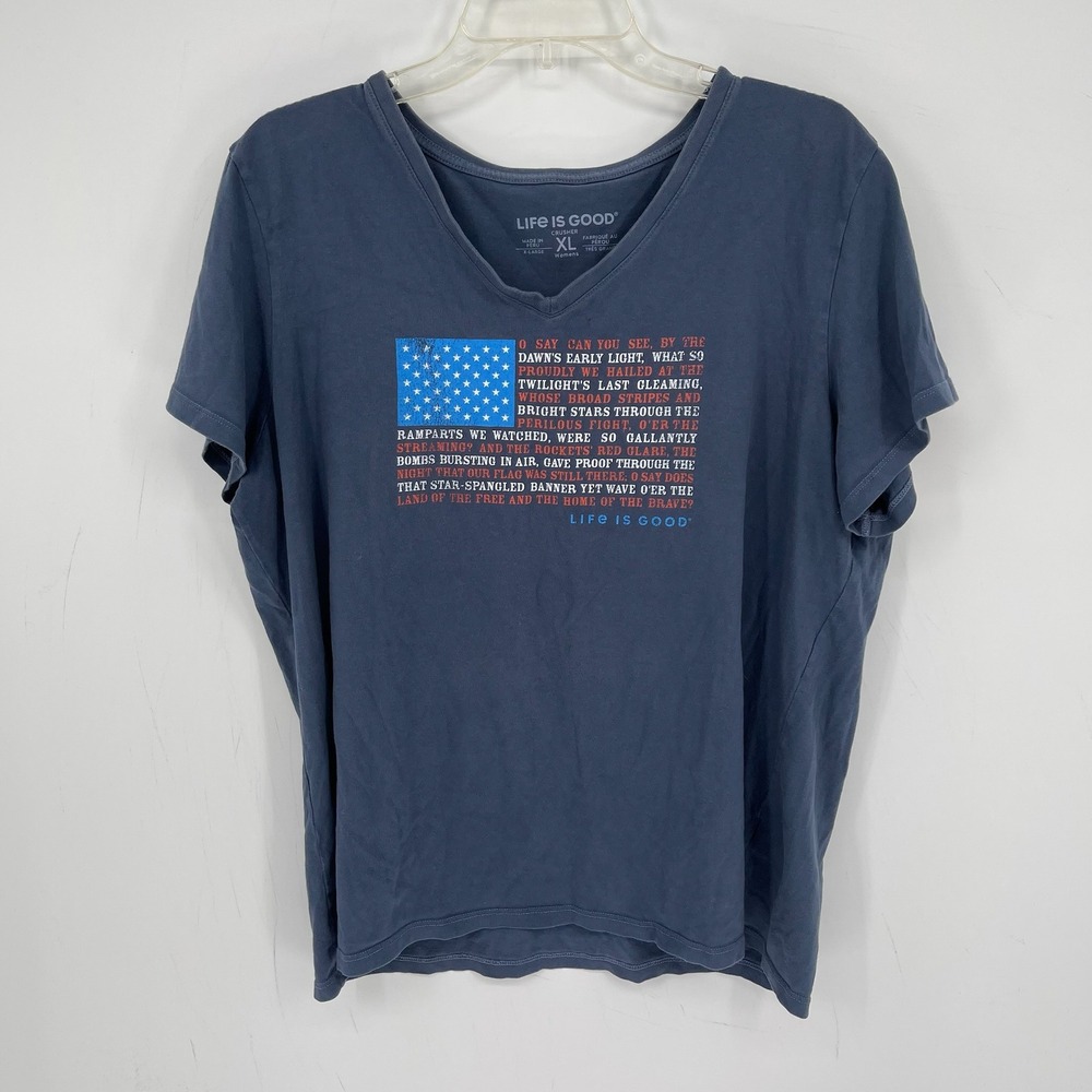 Life Is Good Women's Blue American Flag Anthem Crusher T-Shirt Size XL